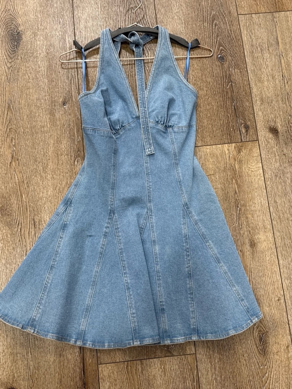 Denim Halter Fit-and-Flare Dress in Light Blue